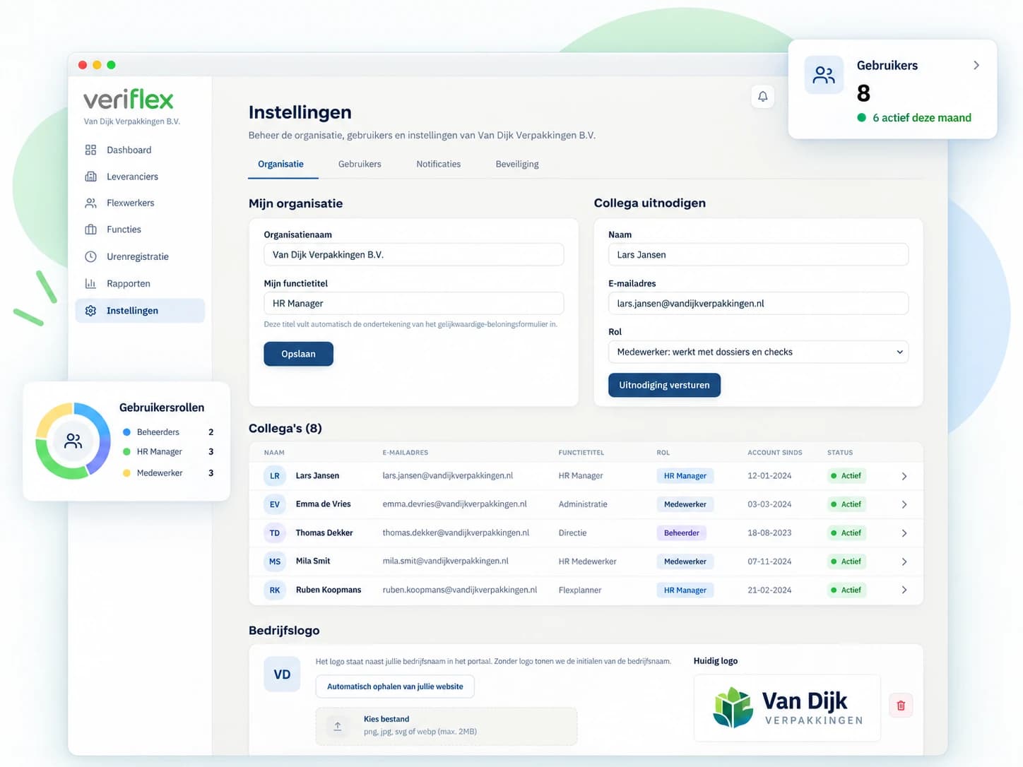 Voorbeeld van organisatie-instellingen en gebruikersbeheer in Veriflex